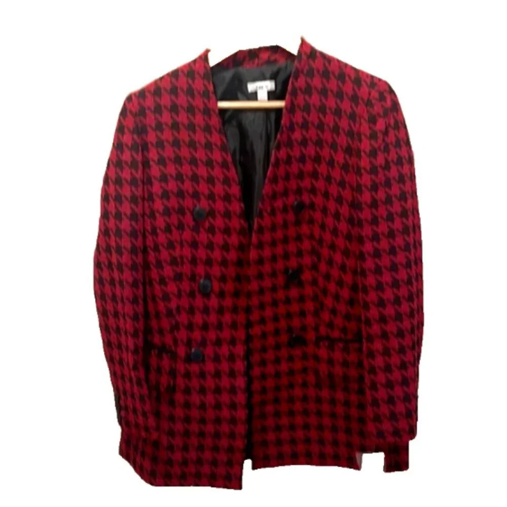 Bar III Women's Houndstooth Collarless Double-Breasted Jacket - 8 black/red